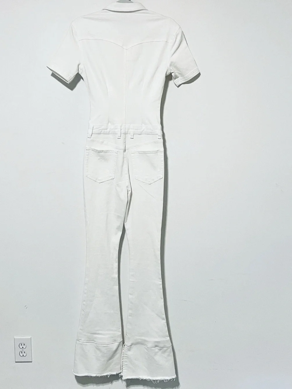 SER.O.YA Fallon White Denim Jumpsuit X Small Flare Frayed Slit Stretch $395. F